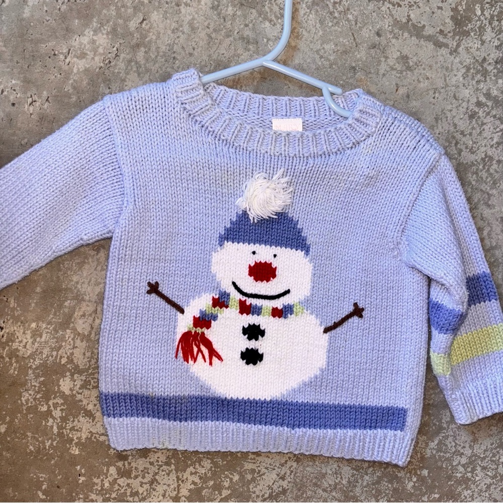 Hand knit pastel blue snowman sweater Mary James 9/12 month